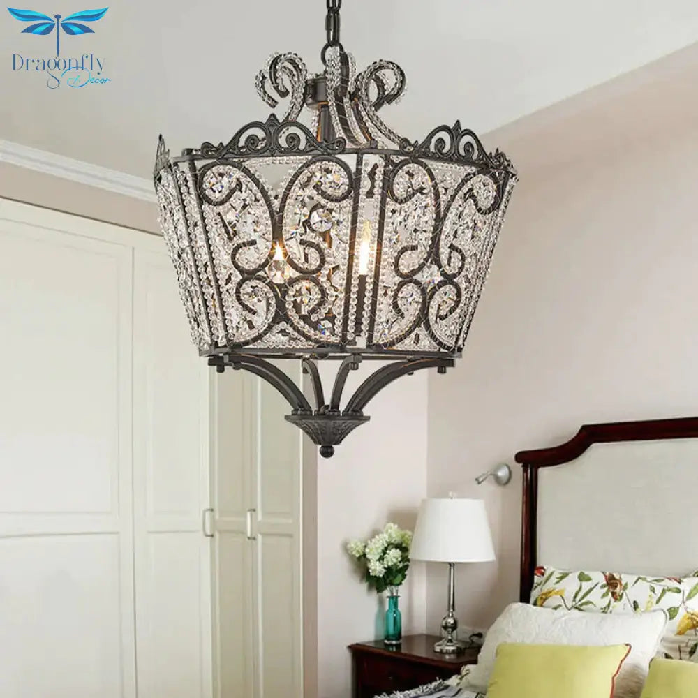 Lantern Bedroom Pendant Chandelier Country Crystal 4 Lights Black Hanging Fixture