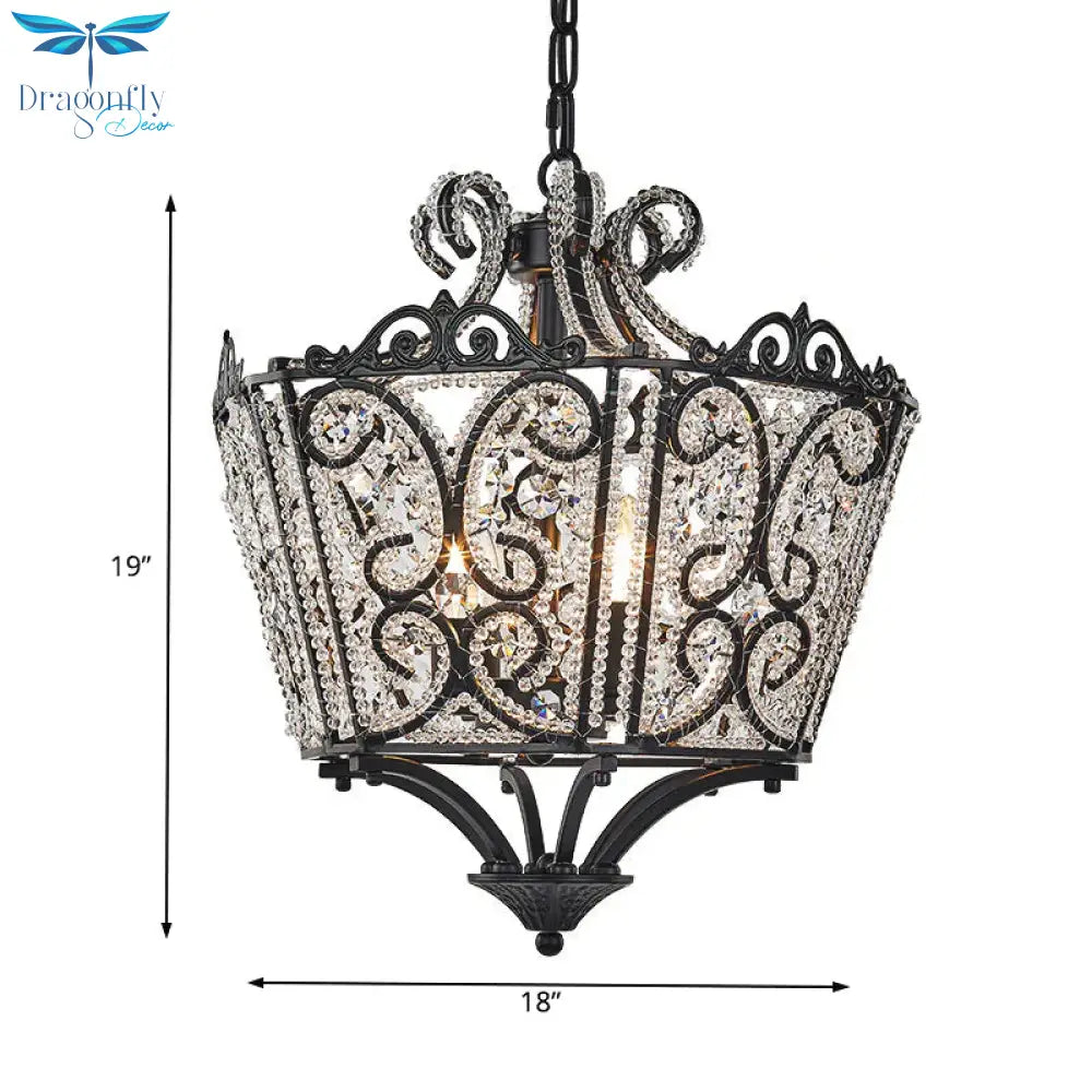 Lantern Bedroom Pendant Chandelier Country Crystal 4 Lights Black Hanging Fixture