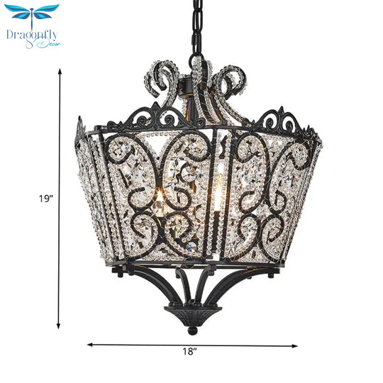 Lantern Bedroom Pendant Chandelier Country Crystal 4 Lights Black Hanging Fixture