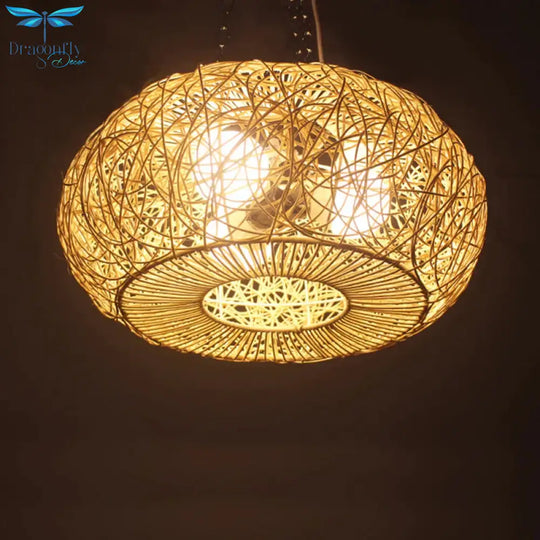 Lantern Chandelier Lighting Japanese Bamboo 3 Bulbs Beige Pendant Fixture