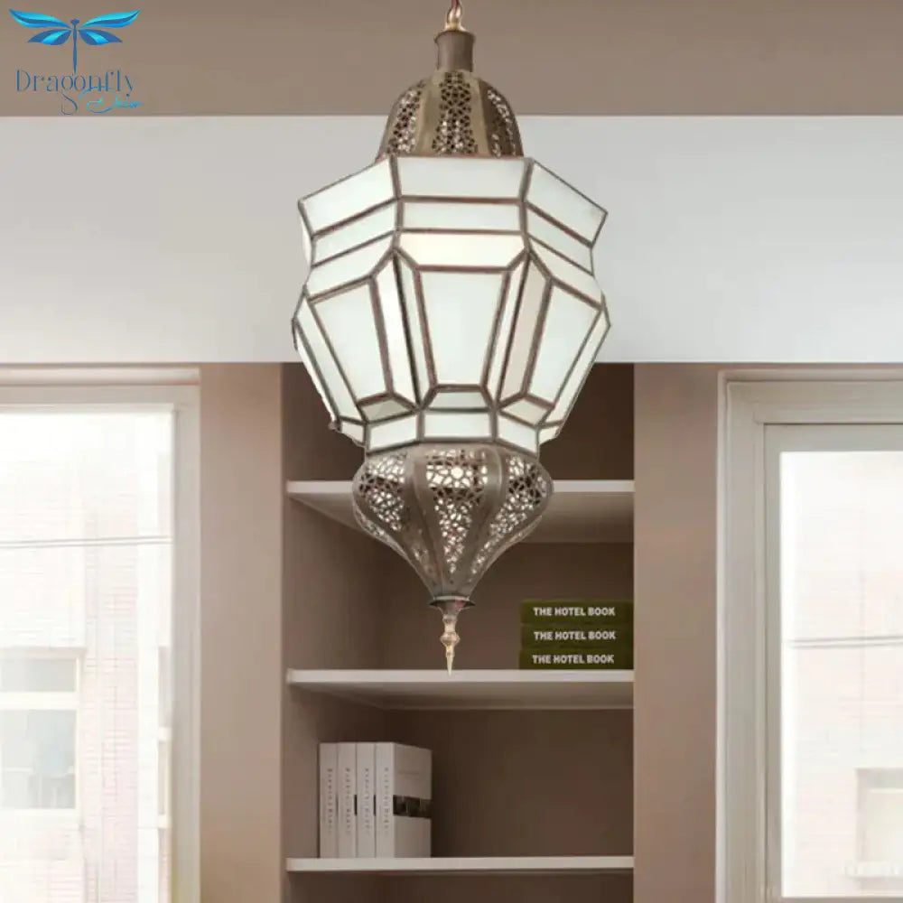 Lantern Corridor Chandelier Mediterranean Style White Frosted Glass 3 - Bulb Brass Hanging Light Kit