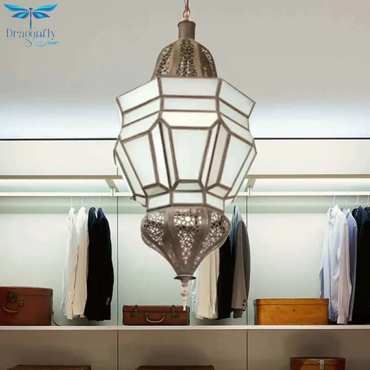 Lantern Corridor Chandelier Mediterranean Style White Frosted Glass 3 - Bulb Brass Hanging Light Kit