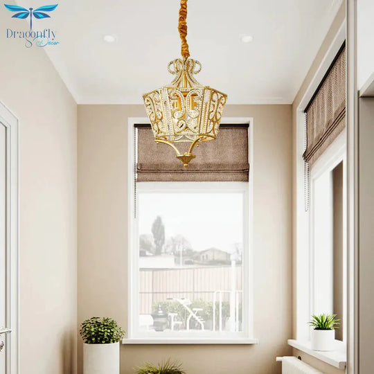 Lantern Crystal Chandelier Lighting Rustic 2 Lights Bedroom Pendant In Gold
