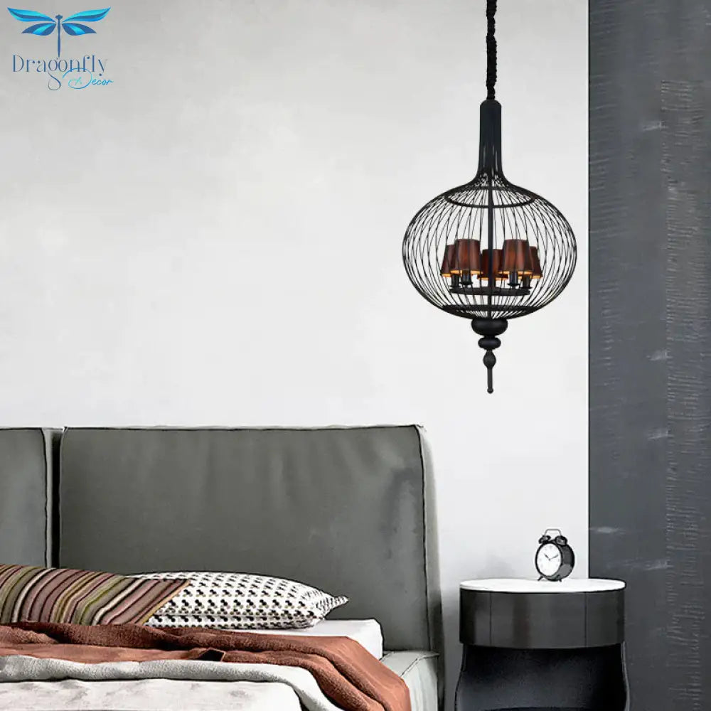 Lantern Iron Chandelier Pendant 23.5’/27.5’ W Traditional 5 Head Black Ceiling Lamp With Brown