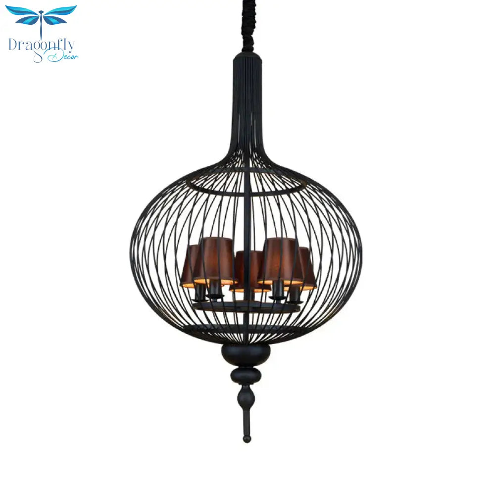 Lantern Iron Chandelier Pendant 23.5’/27.5’ W Traditional 5 Head Black Ceiling Lamp With Brown