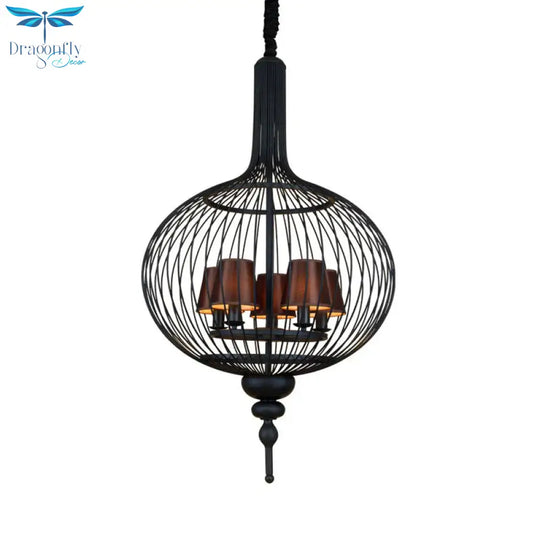Lantern Iron Chandelier Pendant 23.5’/27.5’ W Traditional 5 Head Black Ceiling Lamp With Brown