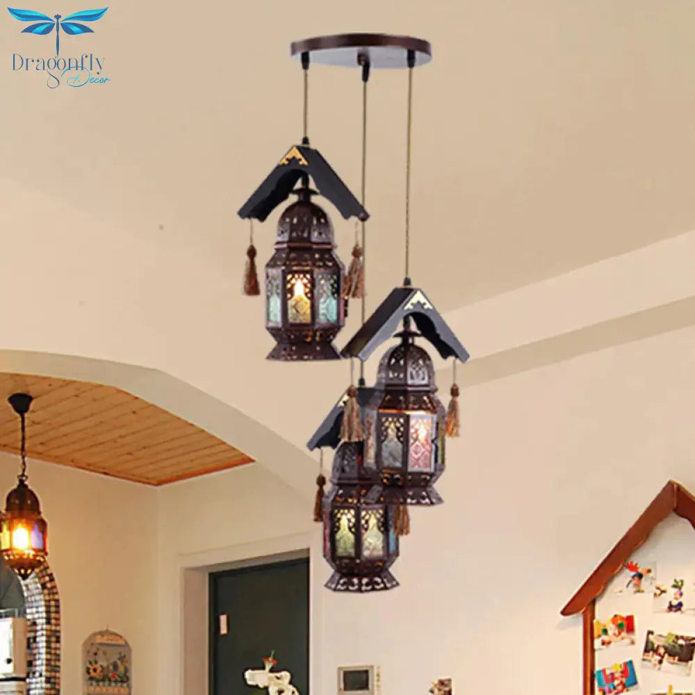 Lantern Metallic Chandelier Lamp Decorative 3 Heads Living Room Hanging Light Fixture In Bronze
