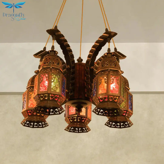 Lantern Metallic Chandelier Pendant Lamp Vintage 5 Bulbs Restaurant Hanging Light Fixture In Copper