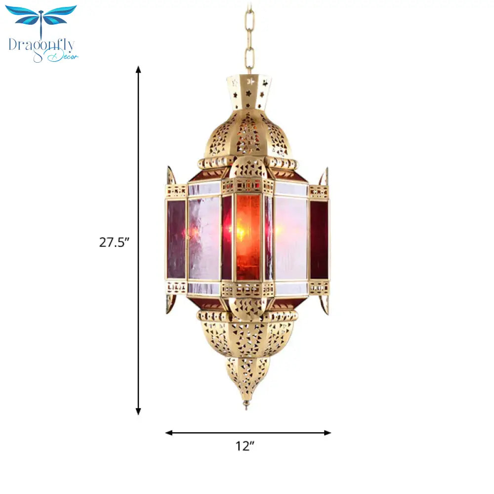 Lantern Red Glass Suspension Pendant Arab 3 Heads Living Room Chandelier In Brass With Hollow - Out