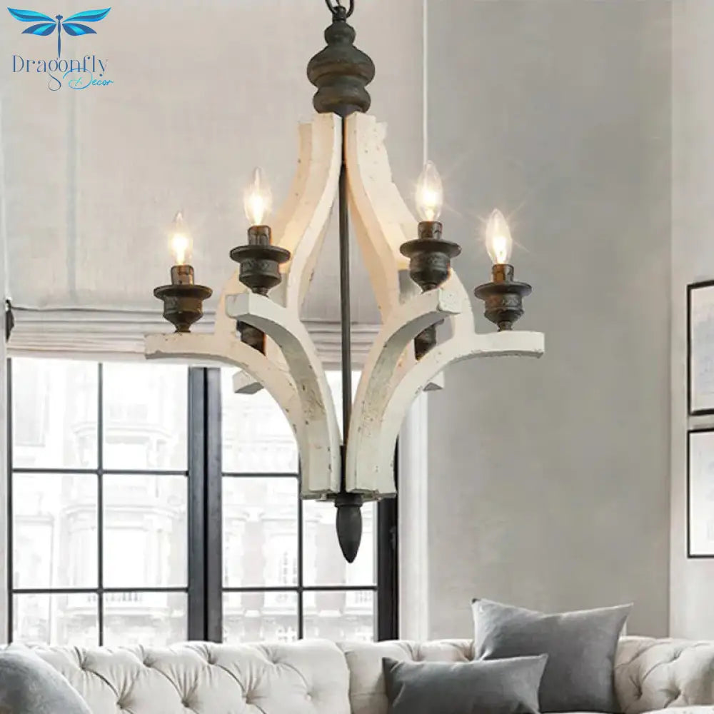 Laser - Cut Chandelier Lamp Nordic Wood 4 Heads White Pendant Lighting Fixture With Adjustable Chain