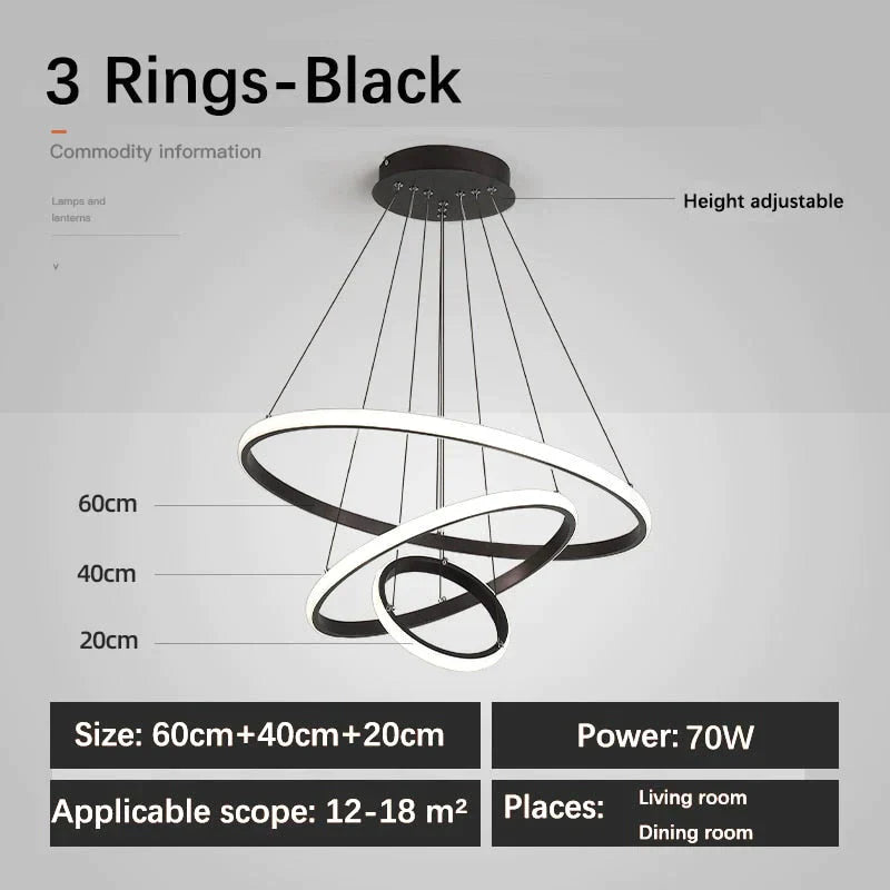 Laya - Minimalist Led Ring Pendant Light 3 Rings - Black / Ac80 - 265V Brightness Dimmable