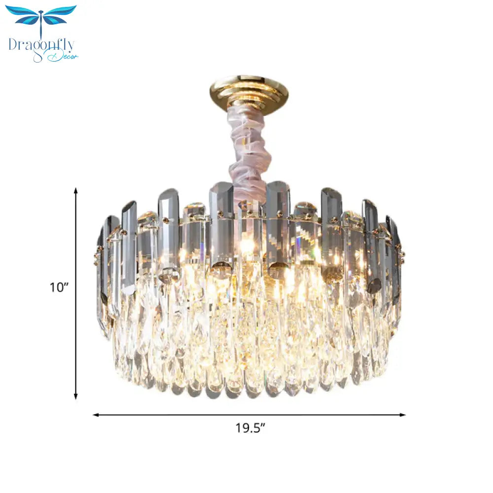 Layered Drum Crystal Chandelier Contemporary 5 - Light Dining Room Ceiling Suspension Lamp In Gold
