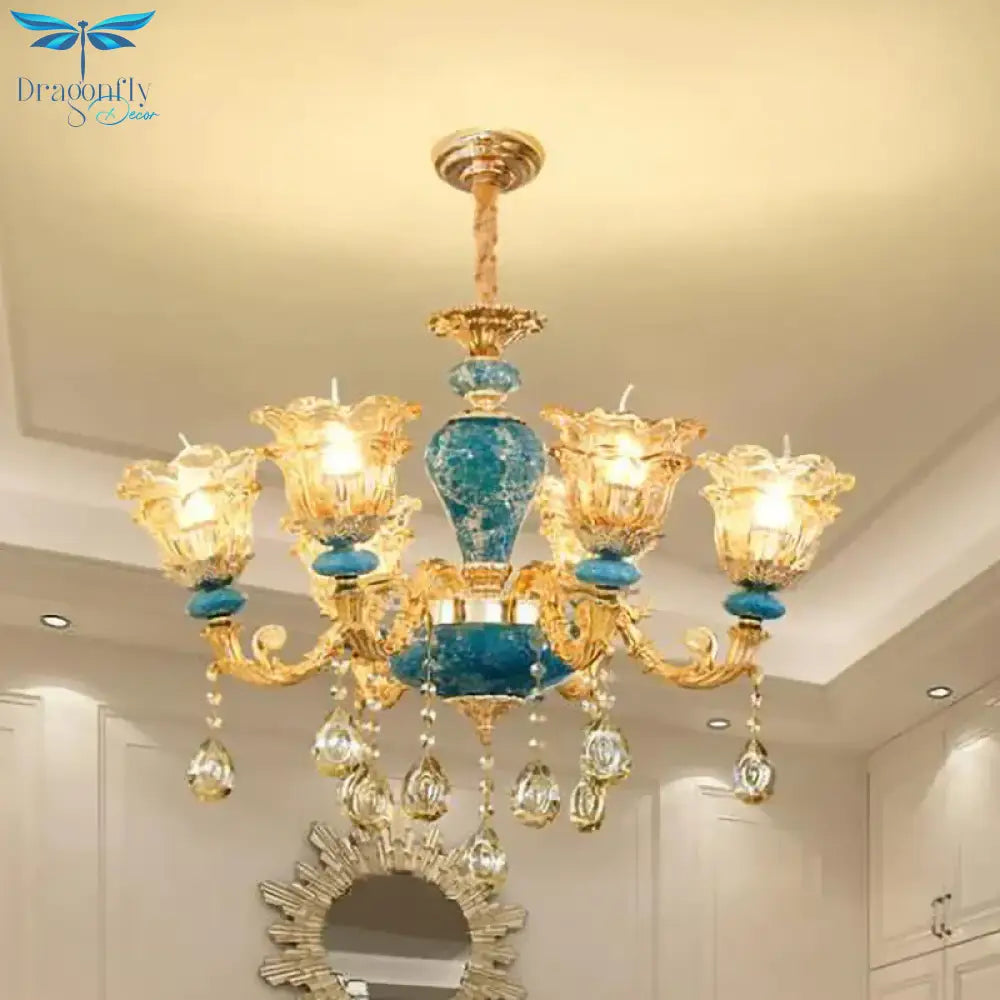 Layered Flower Amber Glass Chandelier Traditional 6 Lights Bedroom Ceiling Suspension Lamp In Blue