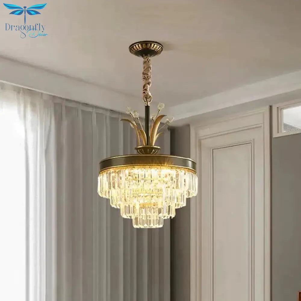 Led Clear Crystal Chandelier Light Classic Gold Layered Dining Room Hanging Pendant Lamp