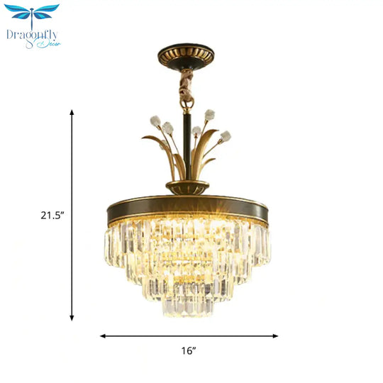 Led Clear Crystal Chandelier Light Classic Gold Layered Dining Room Hanging Pendant Lamp
