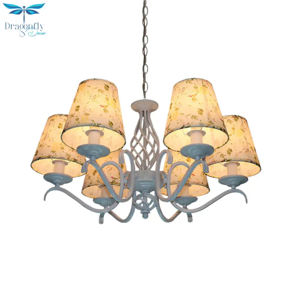 Light Blue 6 Heads Chandelier Traditionalism Fabric Conical Led Suspended Lighting Fixture