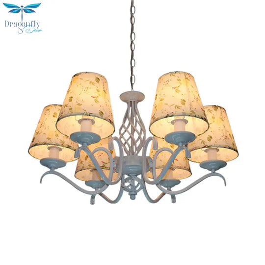 Light Blue 6 Heads Chandelier Traditionalism Fabric Conical Led Suspended Lighting Fixture