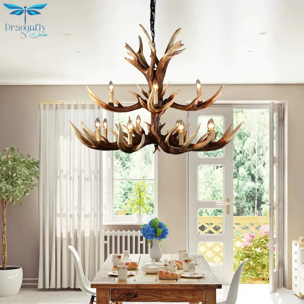 Light Brown 6/8/10 Lights Chandelier Lighting Rustic Resin Candelabra Pendant Lamp For Bedroom