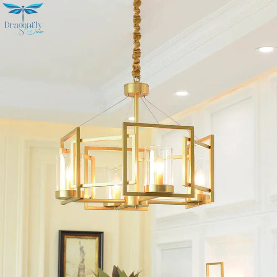 Luxury Cylinder Chandelier Pendant Light 4/6 - Head Clear Glass Hanging Lamp In Gold With Rectangle