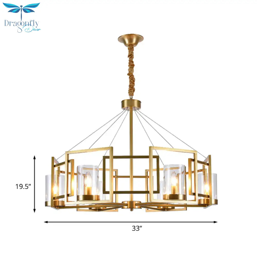 Luxury Cylinder Chandelier Pendant Light 4/6 - Head Clear Glass Hanging Lamp In Gold With Rectangle