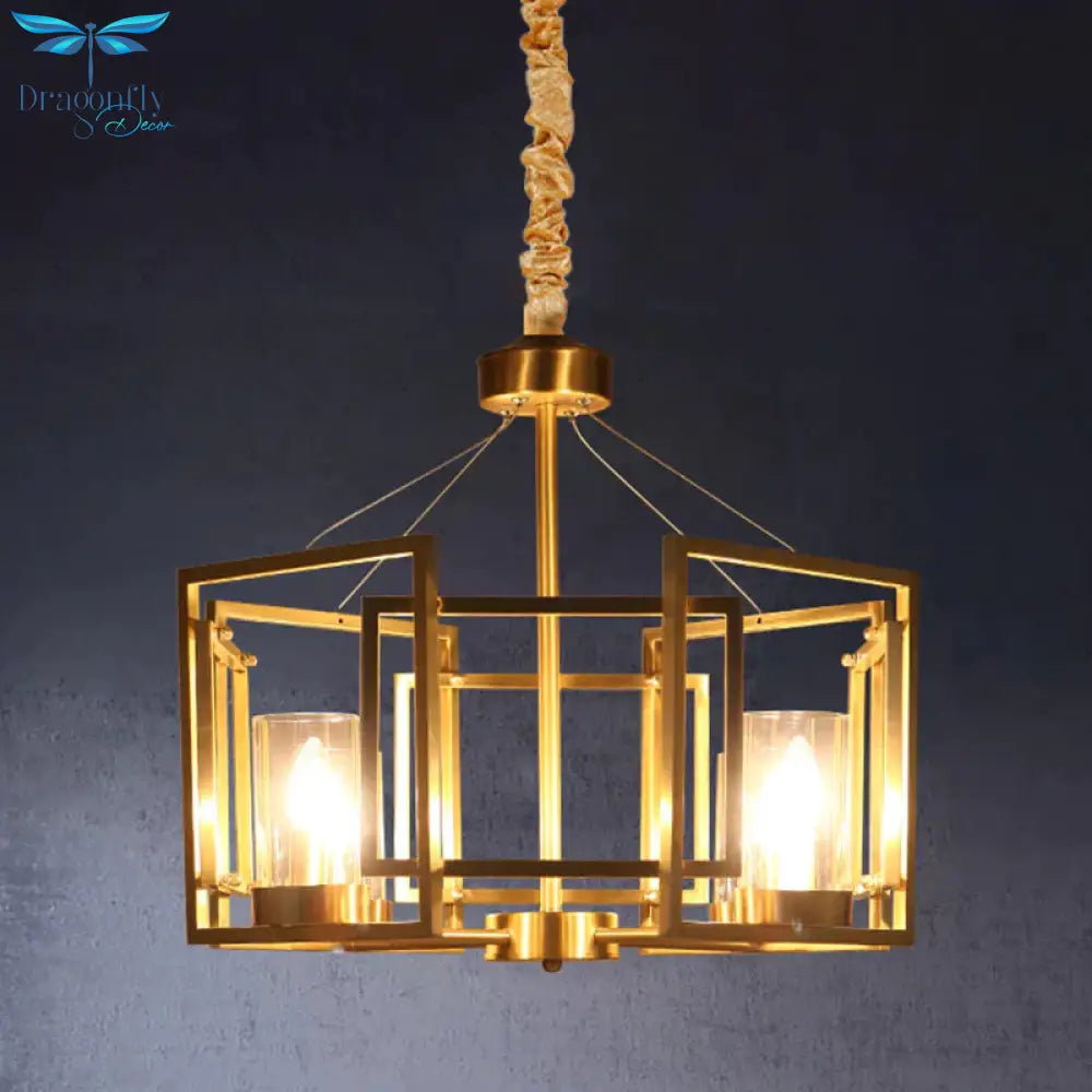 Luxury Cylinder Chandelier Pendant Light 4/6 - Head Clear Glass Hanging Lamp In Gold With Rectangle
