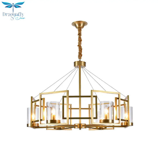 Luxury Cylinder Chandelier Pendant Light 4/6 - Head Clear Glass Hanging Lamp In Gold With Rectangle