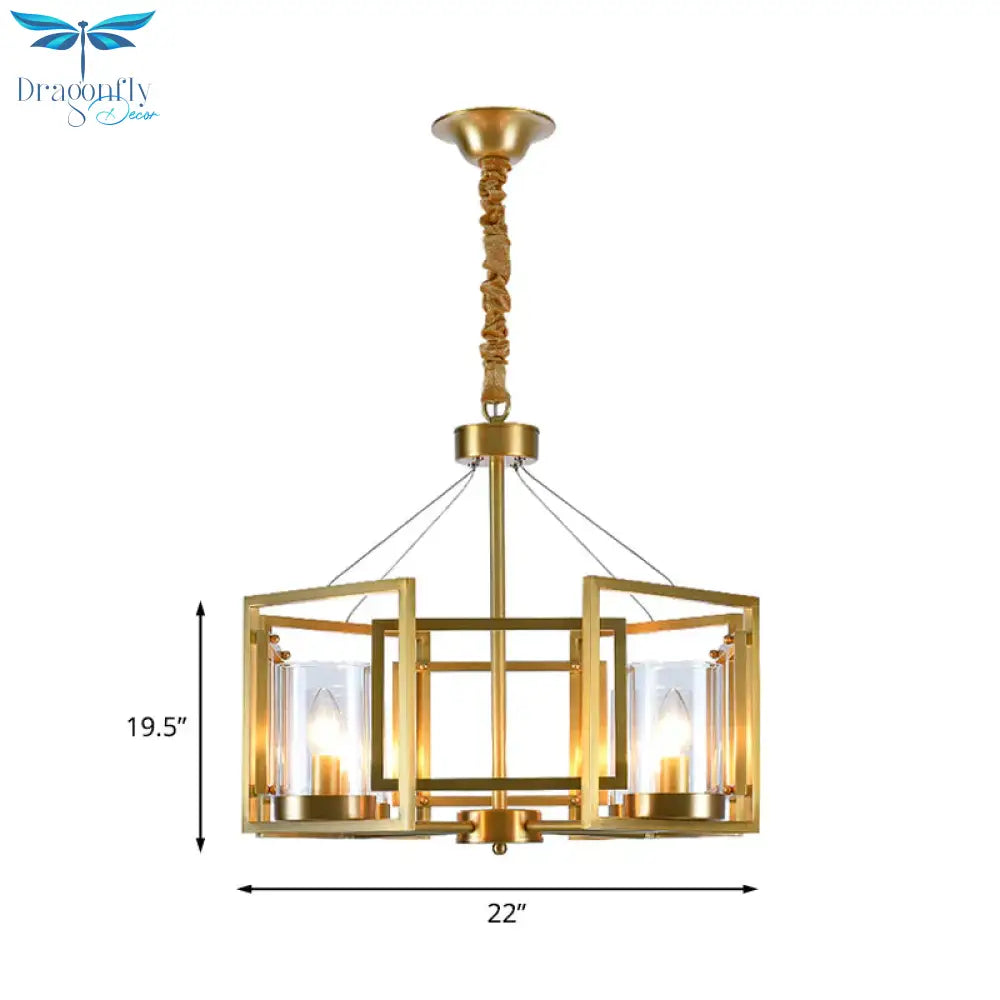 Luxury Cylinder Chandelier Pendant Light 4/6 - Head Clear Glass Hanging Lamp In Gold With Rectangle