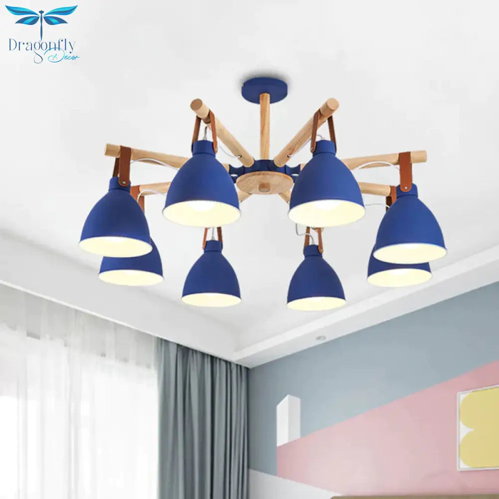 Macaron Bursting Wood Chandelier 3/6/8 Heads Ceiling Hanging Light In White/Blue With Bowl Shade