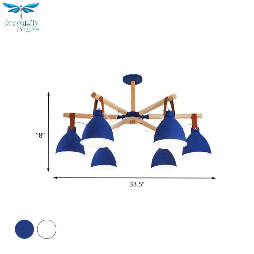 Macaron Bursting Wood Chandelier 3/6/8 Heads Ceiling Hanging Light In White/Blue With Bowl Shade