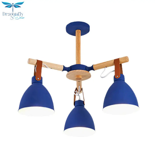 Macaron Bursting Wood Chandelier 3/6/8 Heads Ceiling Hanging Light In White/Blue With Bowl Shade