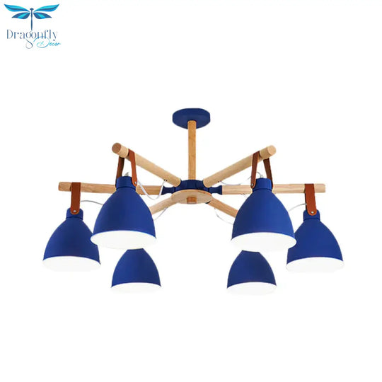 Macaron Bursting Wood Chandelier 3/6/8 Heads Ceiling Hanging Light In White/Blue With Bowl Shade