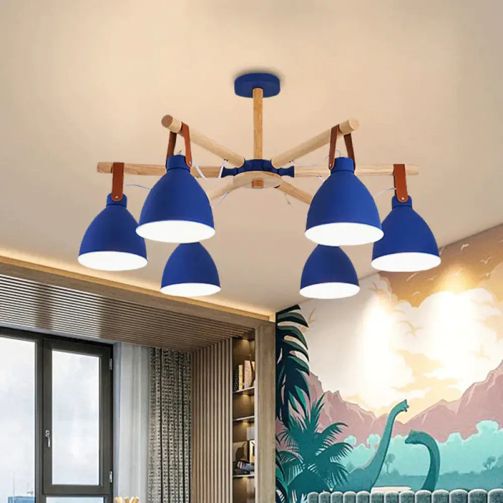 Macaron Bursting Wood Chandelier 3/6/8 Heads Ceiling Hanging Light In White/Blue With Bowl Shade