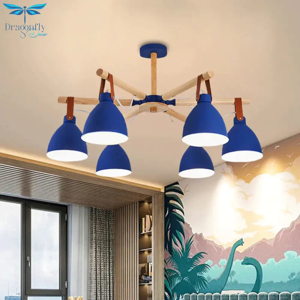 Macaron Bursting Wood Chandelier 3/6/8 Heads Ceiling Hanging Light In White/Blue With Bowl Shade