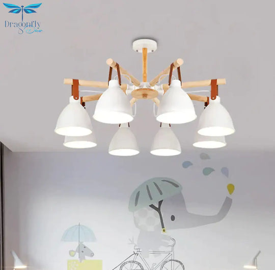 Macaron Bursting Wood Chandelier 3/6/8 Heads Ceiling Hanging Light In White/Blue With Bowl Shade
