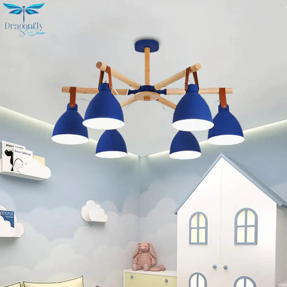 Macaron Bursting Wood Chandelier 3/6/8 Heads Ceiling Hanging Light In White/Blue With Bowl Shade