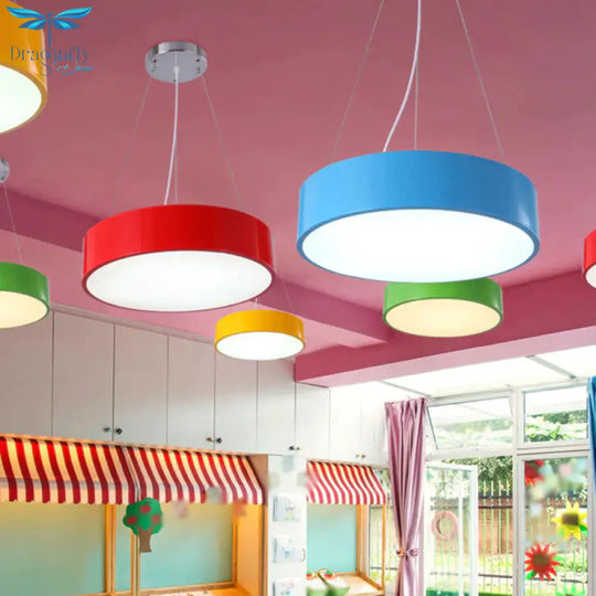 Macaron Drum Shaped Pendant Light Metal Nursery School Led Hanging Fixture In Red/Yellow/Green