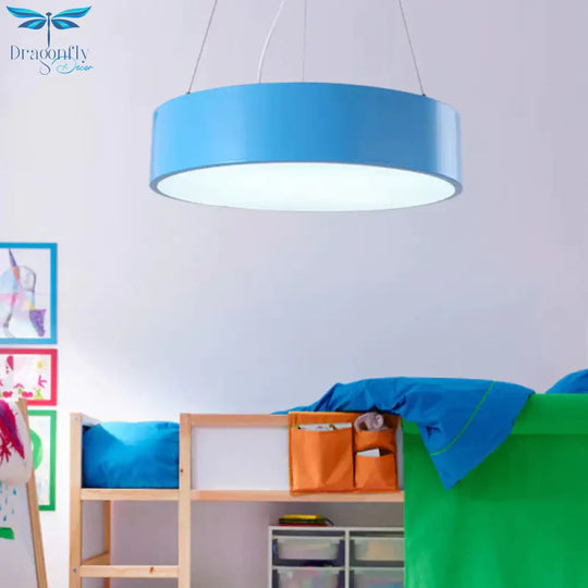 Macaron Drum Shaped Pendant Light Metal Nursery School Led Hanging Fixture In Red/Yellow/Green