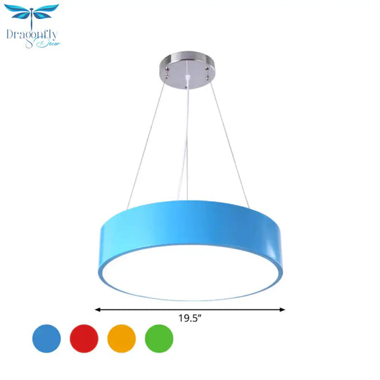 Macaron Drum Shaped Pendant Light Metal Nursery School Led Hanging Fixture In Red/Yellow/Green