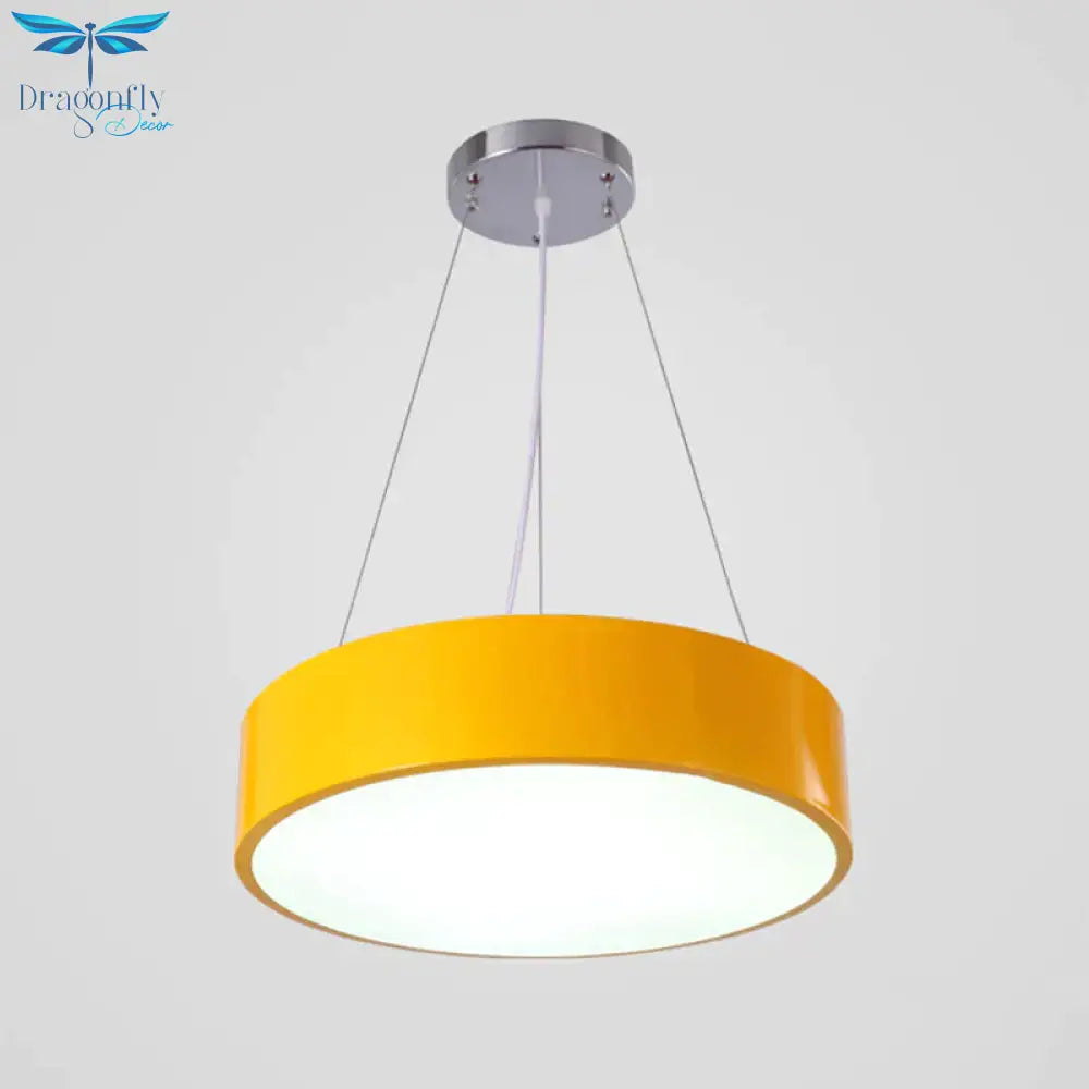 Macaron Drum Shaped Pendant Light Metal Nursery School Led Hanging Fixture In Red/Yellow/Green