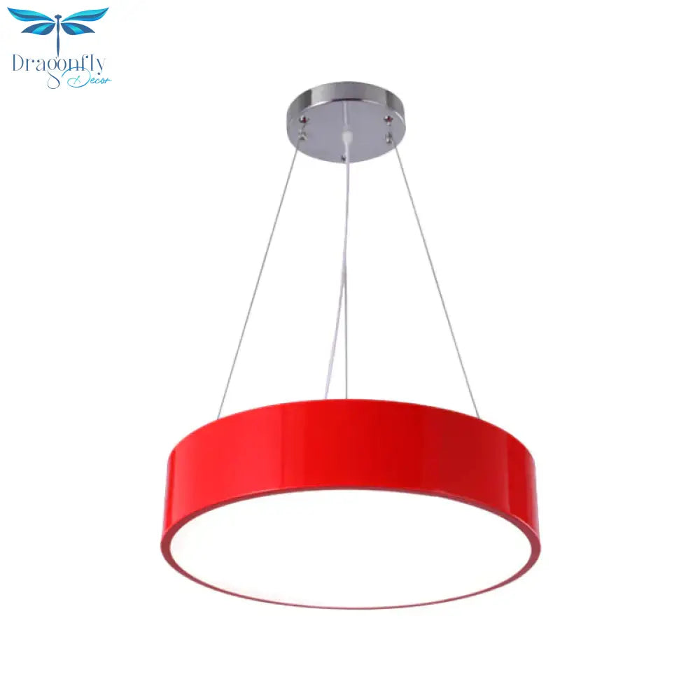 Macaron Drum Shaped Pendant Light Metal Nursery School Led Hanging Fixture In Red/Yellow/Green