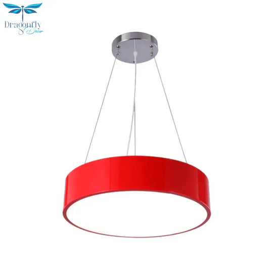 Macaron Drum Shaped Pendant Light Metal Nursery School Led Hanging Fixture In Red/Yellow/Green