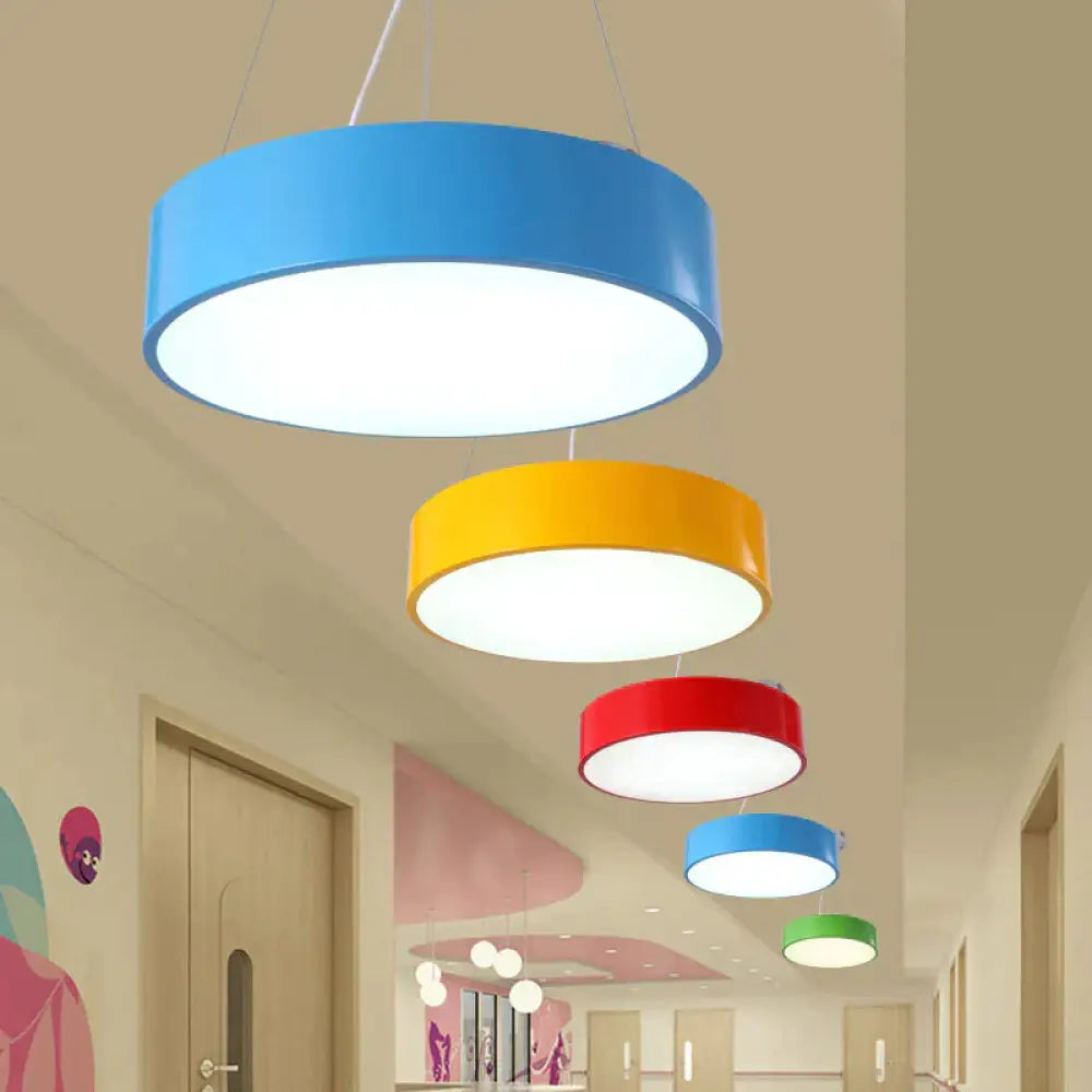 Macaron Drum Shaped Pendant Light Metal Nursery School Led Hanging Fixture In Red/Yellow/Green