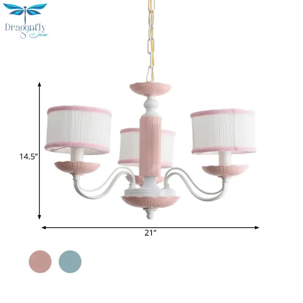 Macaroon 3/6 Bulbs Pendant Light Pink/Blue Drum Chandelier Lighting Fixture With Fabric Shade
