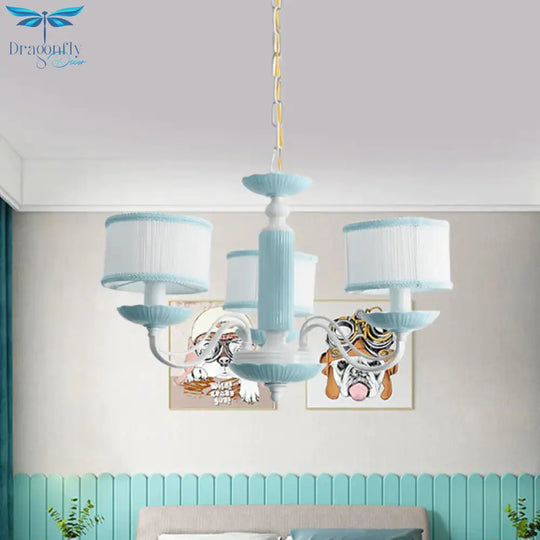 Macaroon 3/6 Bulbs Pendant Light Pink/Blue Drum Chandelier Lighting Fixture With Fabric Shade