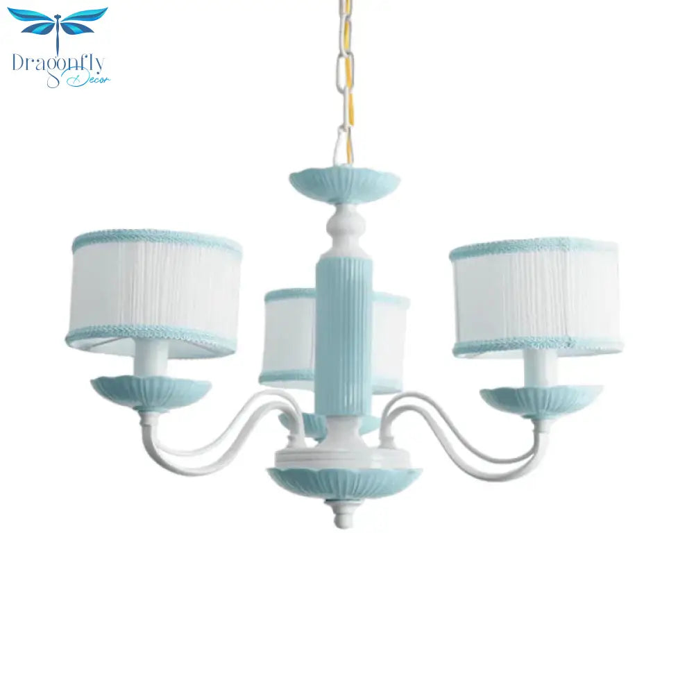 Macaroon 3/6 Bulbs Pendant Light Pink/Blue Drum Chandelier Lighting Fixture With Fabric Shade