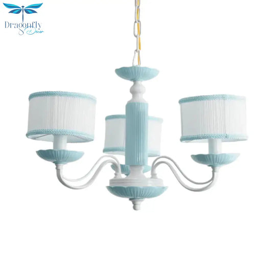 Macaroon 3/6 Bulbs Pendant Light Pink/Blue Drum Chandelier Lighting Fixture With Fabric Shade
