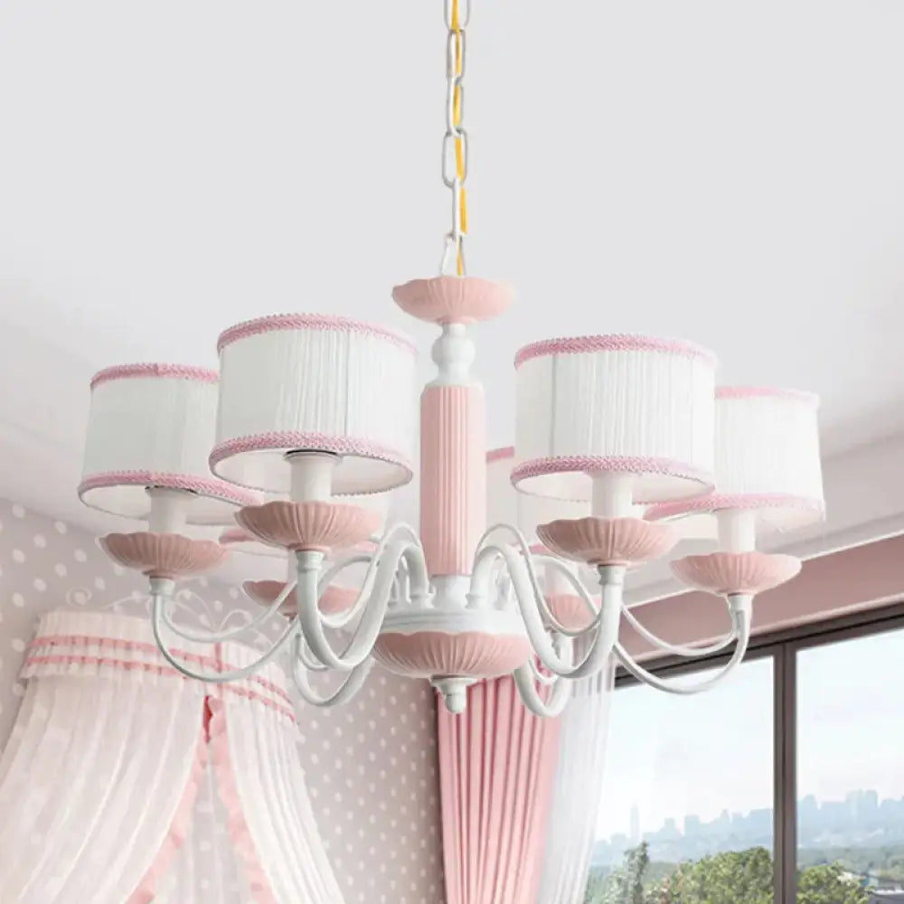 Macaroon 3/6 Bulbs Pendant Light Pink/Blue Drum Chandelier Lighting Fixture With Fabric Shade 6 /