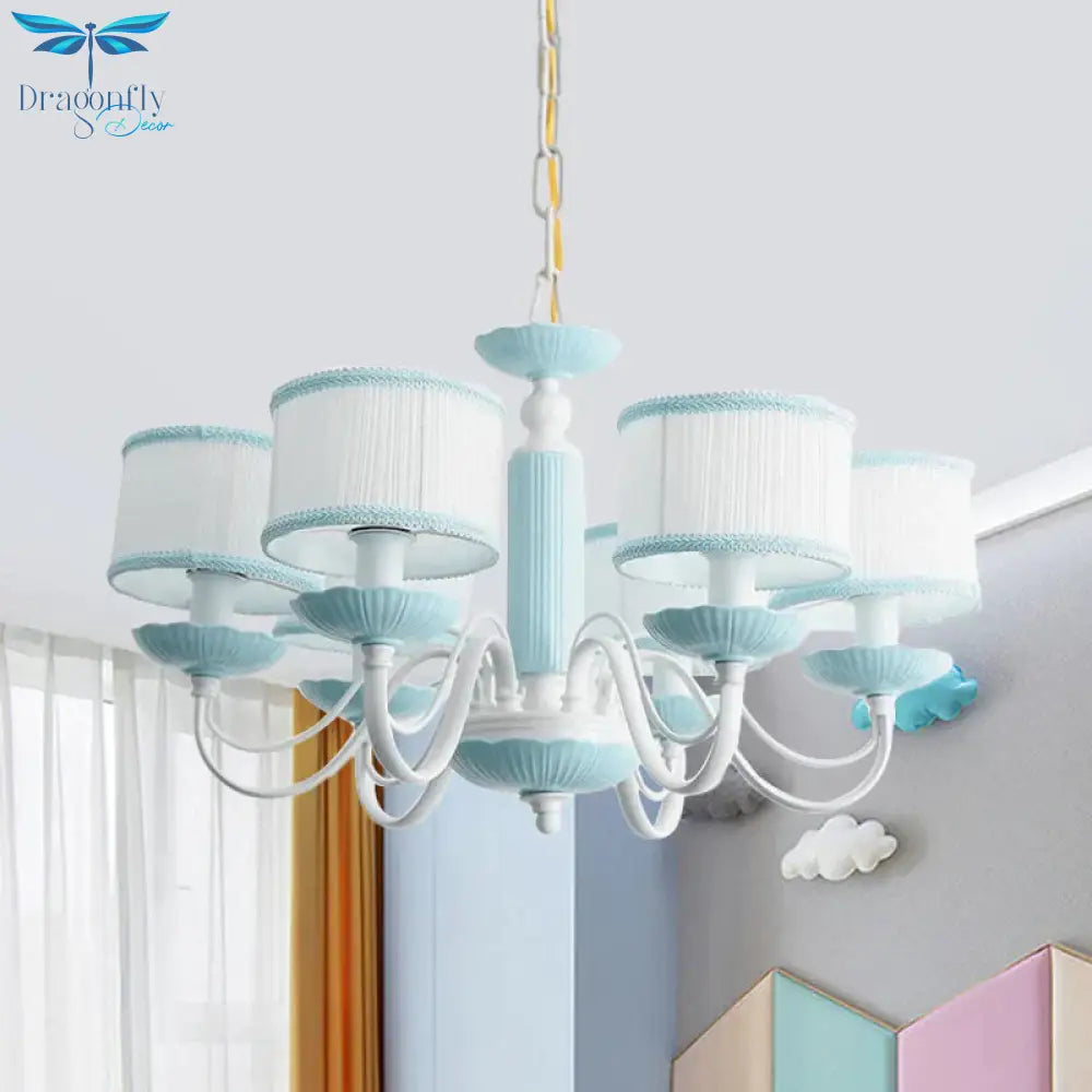 Macaroon 3/6 Bulbs Pendant Light Pink/Blue Drum Chandelier Lighting Fixture With Fabric Shade