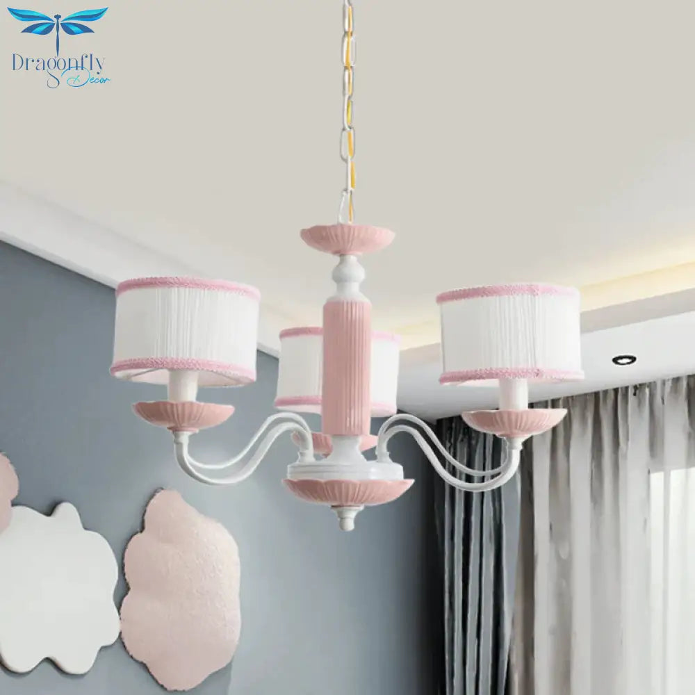 Macaroon 3/6 Bulbs Pendant Light Pink/Blue Drum Chandelier Lighting Fixture With Fabric Shade