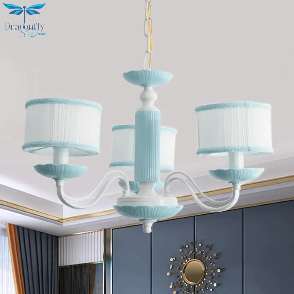 Macaroon 3/6 Bulbs Pendant Light Pink/Blue Drum Chandelier Lighting Fixture With Fabric Shade